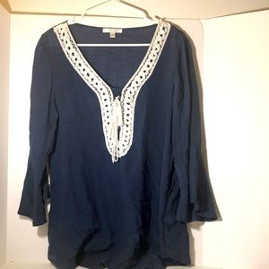 Spense long sleeve cover up top size large blue white lace summer beach